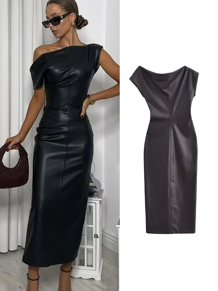 Autumn Women Black Faux Leather Dress