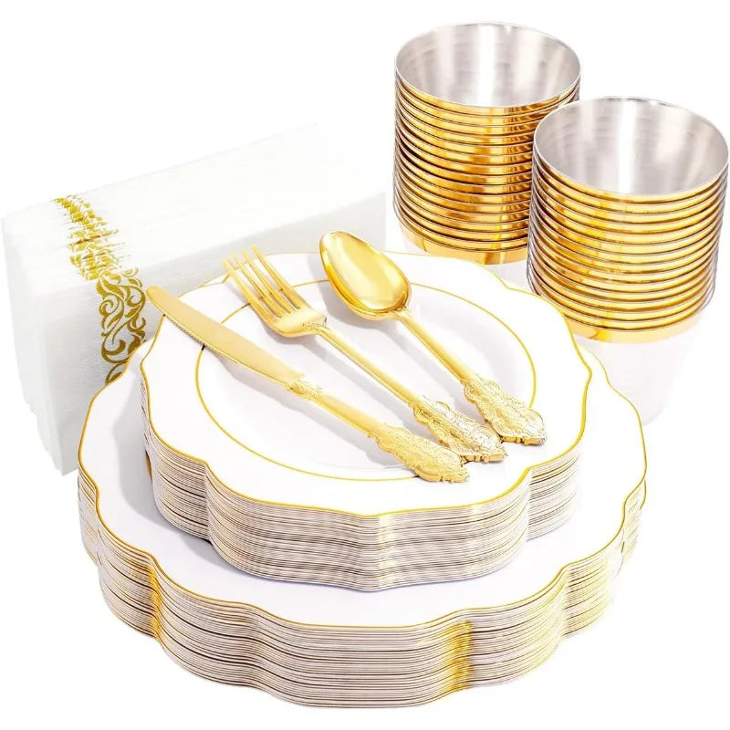 175PCS Plastic Plates - Heavy Duty Disposable Plates with Gold Rim Include 25 Dinner Plates, 25 Cups, 25 Napkins, 75 Cutlery