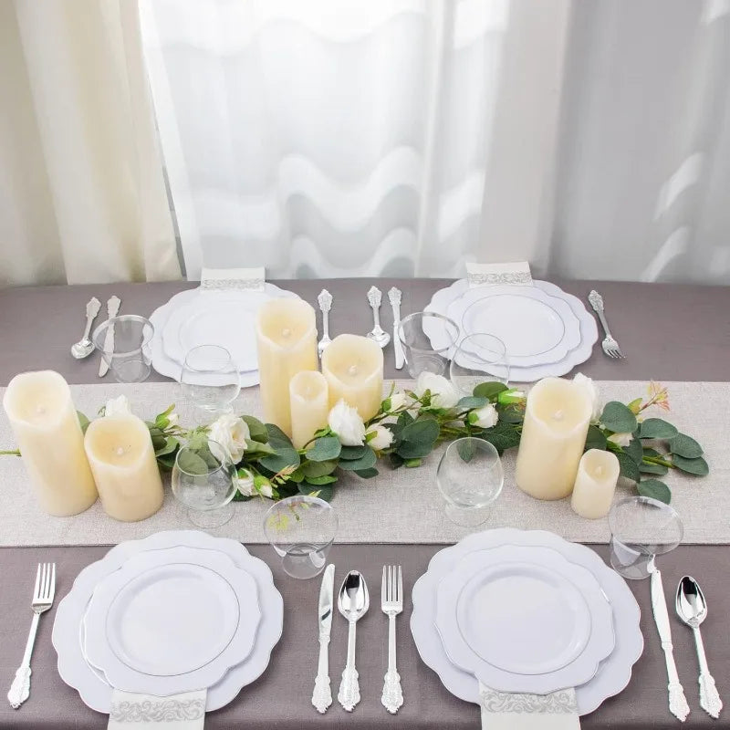 175PCS Plastic Plates - Heavy Duty Disposable Plates with Gold Rim Include 25 Dinner Plates, 25 Cups, 25 Napkins, 75 Cutlery