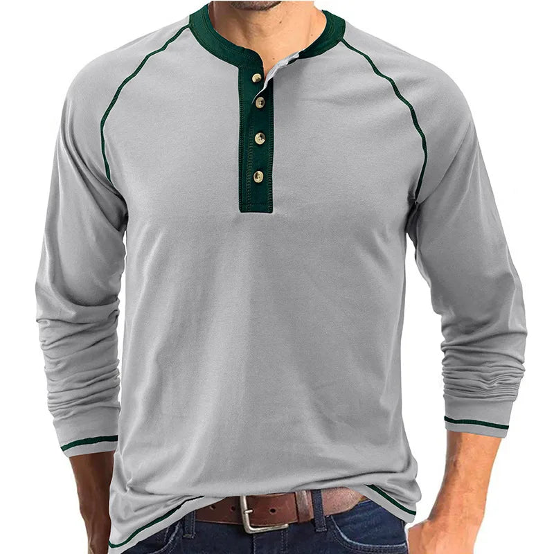 New Men's Long Sleeve Cotton T shirts Men Fashion Henry Collar T shirt Spring Autumn Patchwork Tops Tees Brand Men Clothing 2023