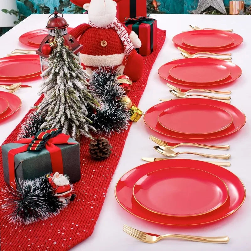 100PCS Green Plastic Plates - Green Disposable With Gold Rim - Plates Disposable Include 50PCS Green Dinner Plates