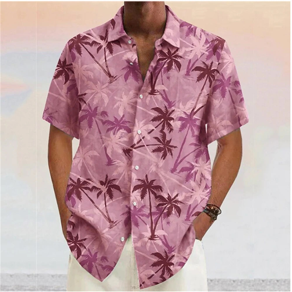 Summer Men Hawaiian Shirts Coconut Tree Lapel Camisas Men Fashion Short Sleeve Shirt Floral Blouse Turn over Collar Clothes Male