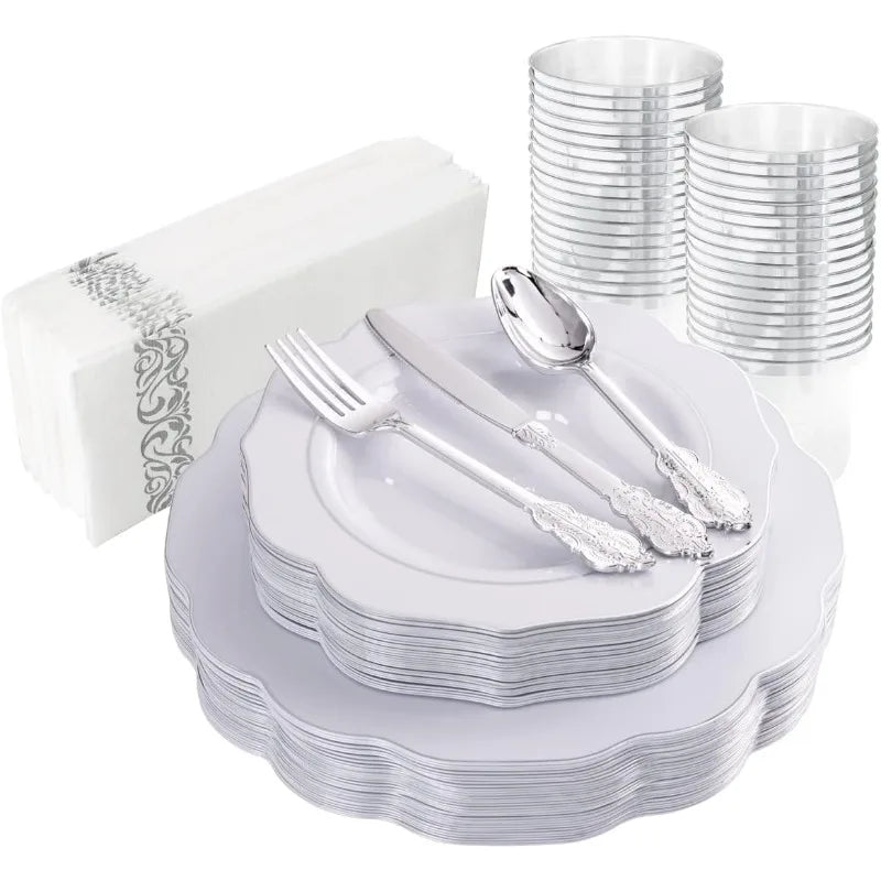 175PCS Plastic Plates - Heavy Duty Disposable Plates with Gold Rim Include 25 Dinner Plates, 25 Cups, 25 Napkins, 75 Cutlery