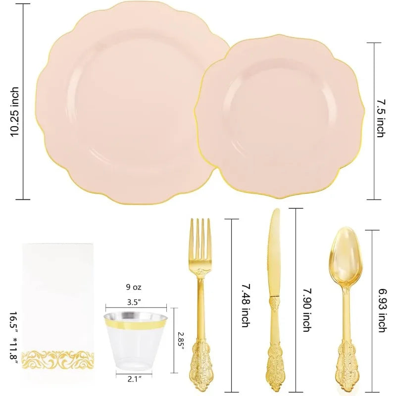 175PCS Plastic Plates - Heavy Duty Disposable Plates with Gold Rim Include 25 Dinner Plates, 25 Cups, 25 Napkins, 75 Cutlery