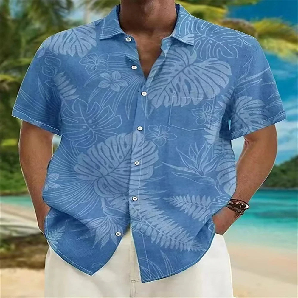 Summer Men Hawaiian Shirts Coconut Tree Lapel Camisas Men Fashion Short Sleeve Shirt Floral Blouse Turn over Collar Clothes Male
