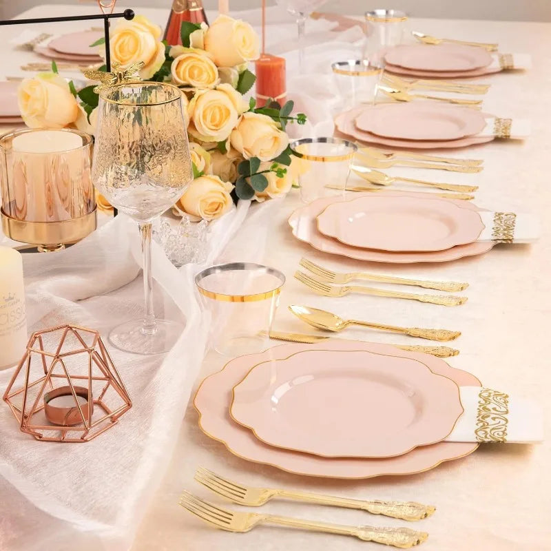 175PCS Plastic Plates - Heavy Duty Disposable Plates with Gold Rim Include 25 Dinner Plates, 25 Cups, 25 Napkins, 75 Cutlery