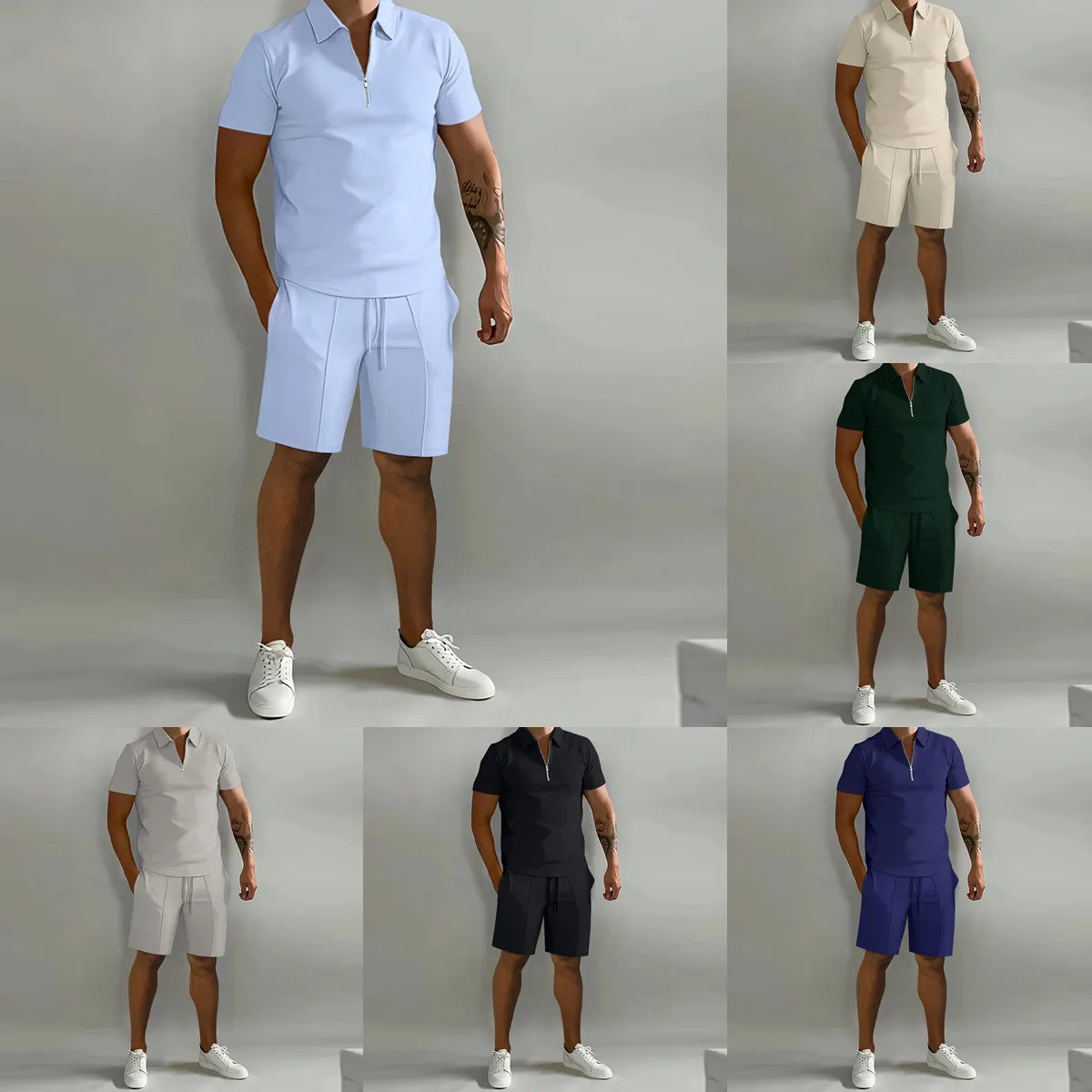 Men's suit solid color polo shirt lapel vertical strip pants short sleeve shorts sports casual loose fashion men's wear