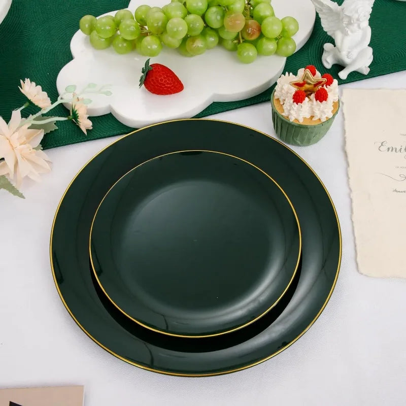 100PCS Green Plastic Plates - Green Disposable With Gold Rim - Plates Disposable Include 50PCS Green Dinner Plates