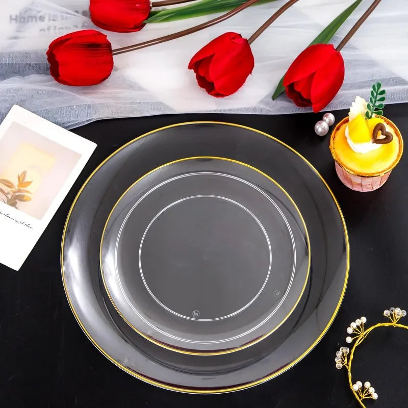 100PCS Green Plastic Plates - Green Disposable With Gold Rim - Plates Disposable Include 50PCS Green Dinner Plates