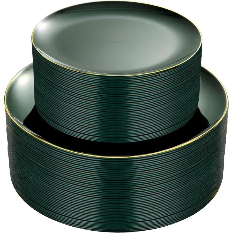 100PCS Green Plastic Plates - Green Disposable With Gold Rim - Plates Disposable Include 50PCS Green Dinner Plates