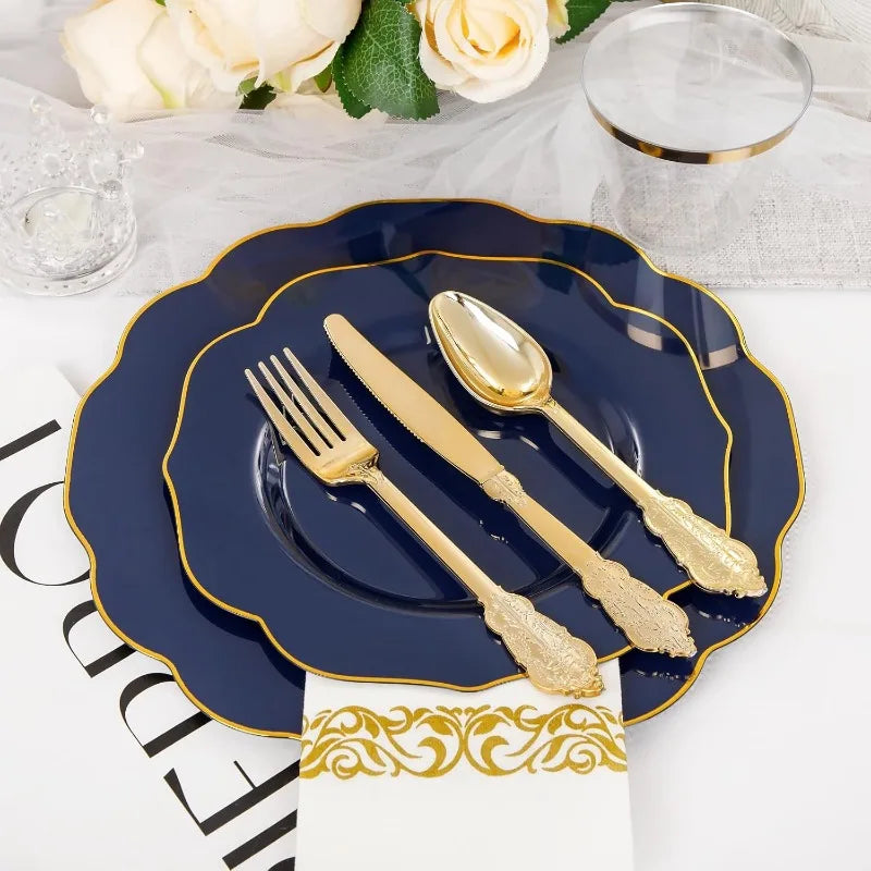 175PCS Plastic Plates - Heavy Duty Disposable Plates with Gold Rim Include 25 Dinner Plates, 25 Cups, 25 Napkins, 75 Cutlery