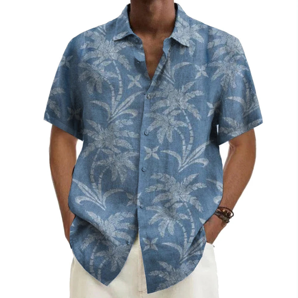 Summer Men Hawaiian Shirts Coconut Tree Lapel Camisas Men Fashion Short Sleeve Shirt Floral Blouse Turn over Collar Clothes Male