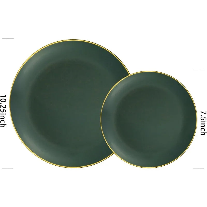 100PCS Green Plastic Plates - Green Disposable With Gold Rim - Plates Disposable Include 50PCS Green Dinner Plates