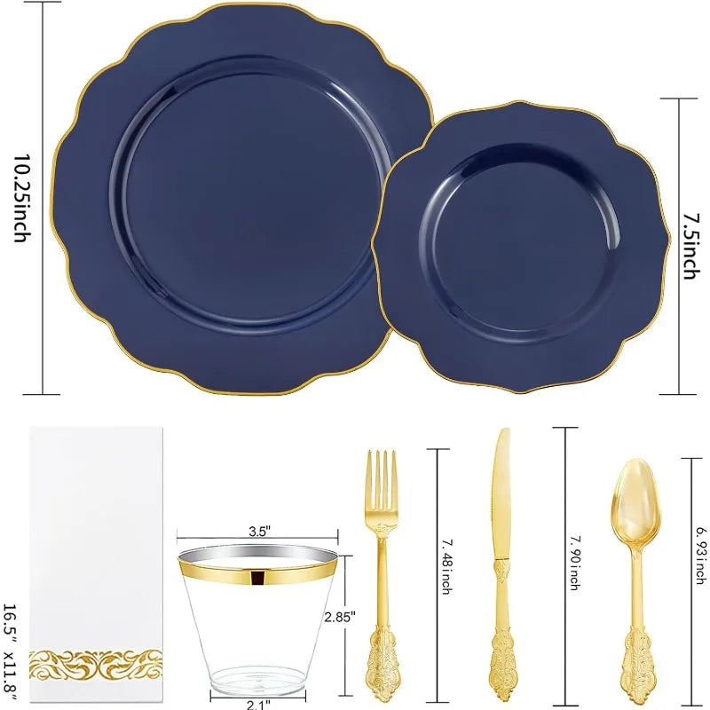 175PCS Plastic Plates - Heavy Duty Disposable Plates with Gold Rim Include 25 Dinner Plates, 25 Cups, 25 Napkins, 75 Cutlery
