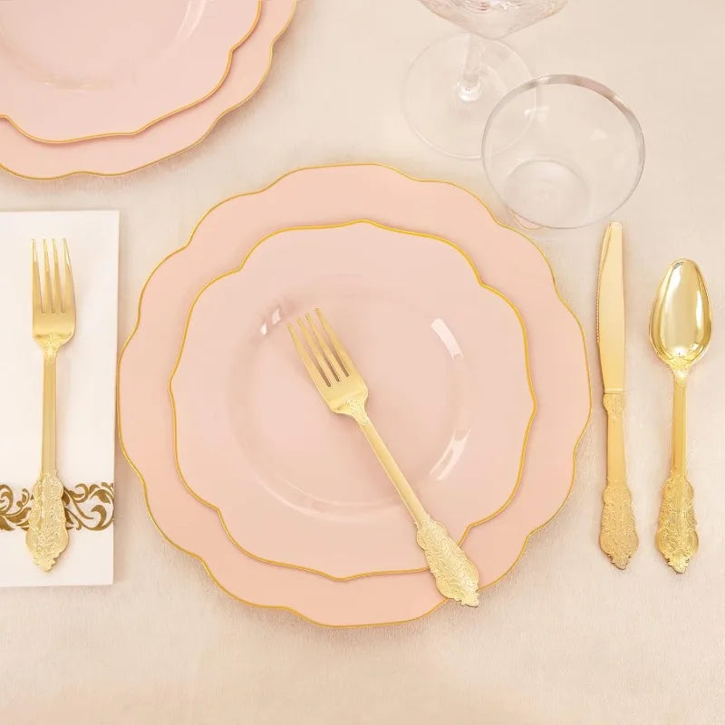 175PCS Plastic Plates - Heavy Duty Disposable Plates with Gold Rim Include 25 Dinner Plates, 25 Cups, 25 Napkins, 75 Cutlery