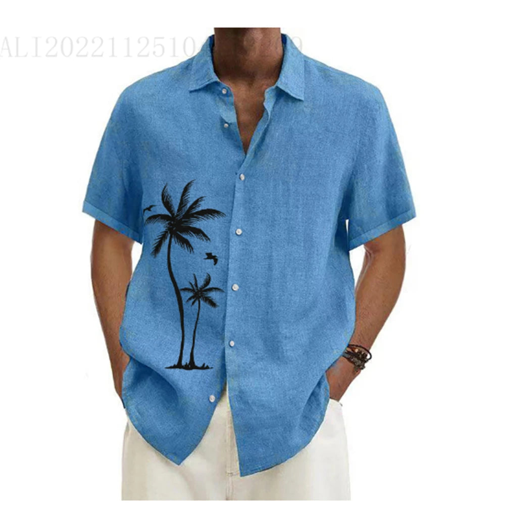 Summer Men Hawaiian Shirts Coconut Tree Lapel Camisas Men Fashion Short Sleeve Shirt Floral Blouse Turn over Collar Clothes Male
