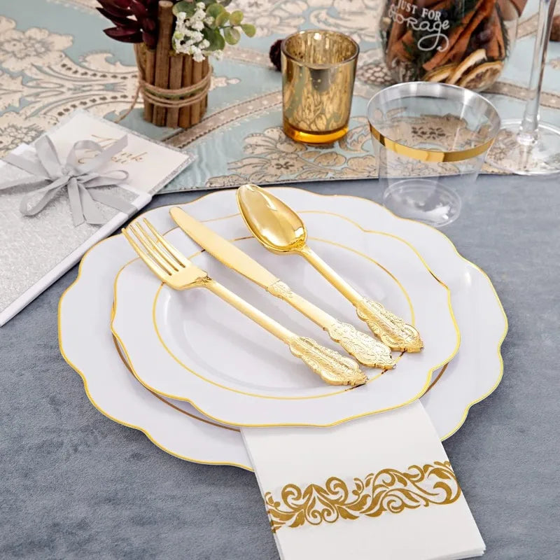 175PCS Plastic Plates - Heavy Duty Disposable Plates with Gold Rim Include 25 Dinner Plates, 25 Cups, 25 Napkins, 75 Cutlery
