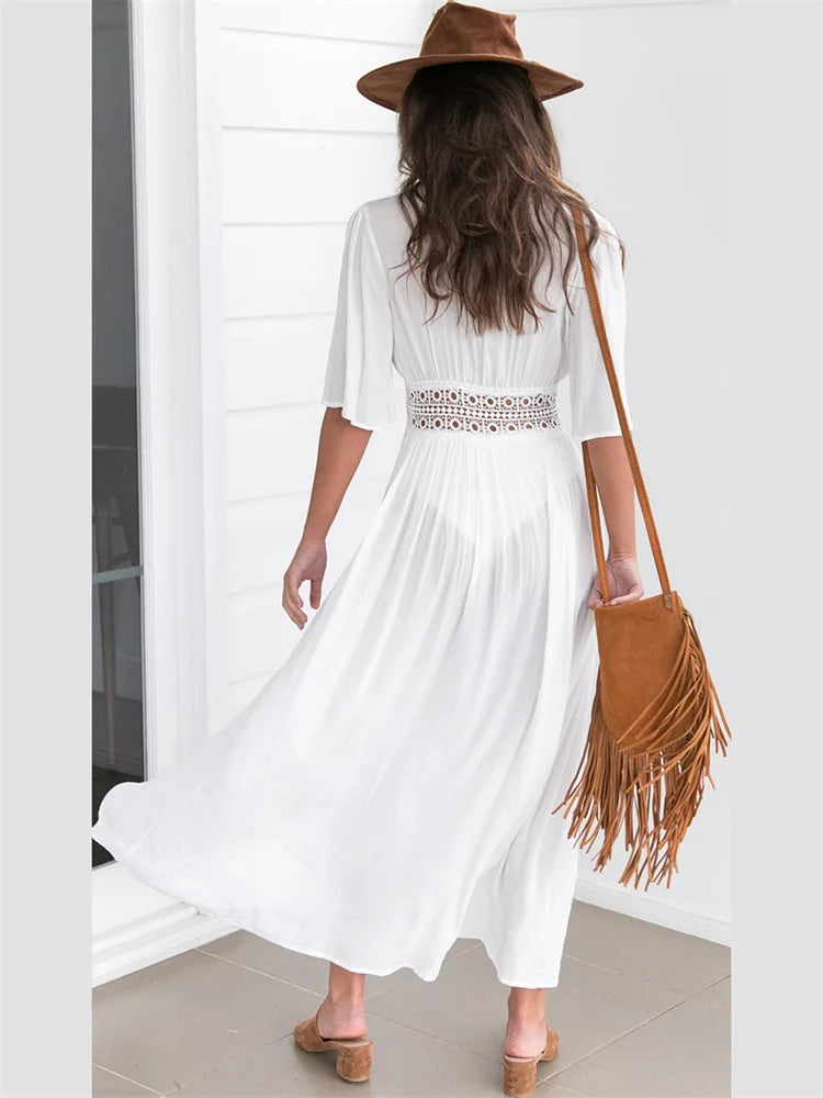 2024 Summer Bikini Cover-ups Women Bohemian Beach Long Dress Short Sleeve Lace Hollow Out Cardigan Swimwear Cover Ups Beachwear