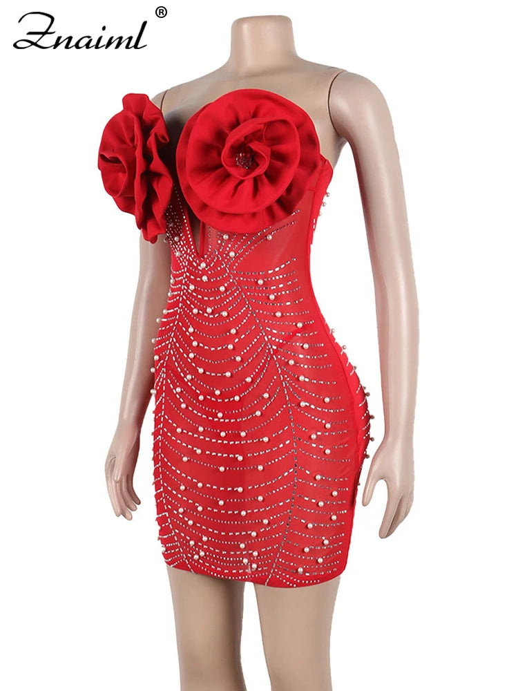 Znaiml Chic 3D Flower Rhinestones Peals Mesh Off Shoulder Bodycon Red Mini Dress Women Sexy Birthday Evening Prom New Year Robe