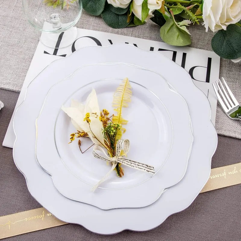 175PCS Plastic Plates - Heavy Duty Disposable Plates with Gold Rim Include 25 Dinner Plates, 25 Cups, 25 Napkins, 75 Cutlery