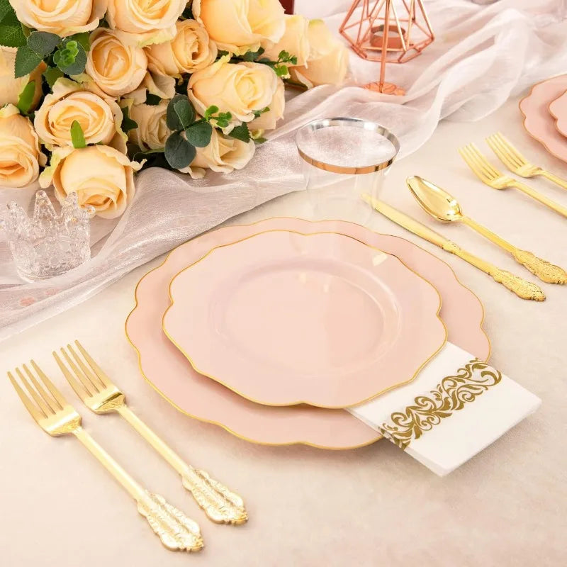 175PCS Plastic Plates - Heavy Duty Disposable Plates with Gold Rim Include 25 Dinner Plates, 25 Cups, 25 Napkins, 75 Cutlery