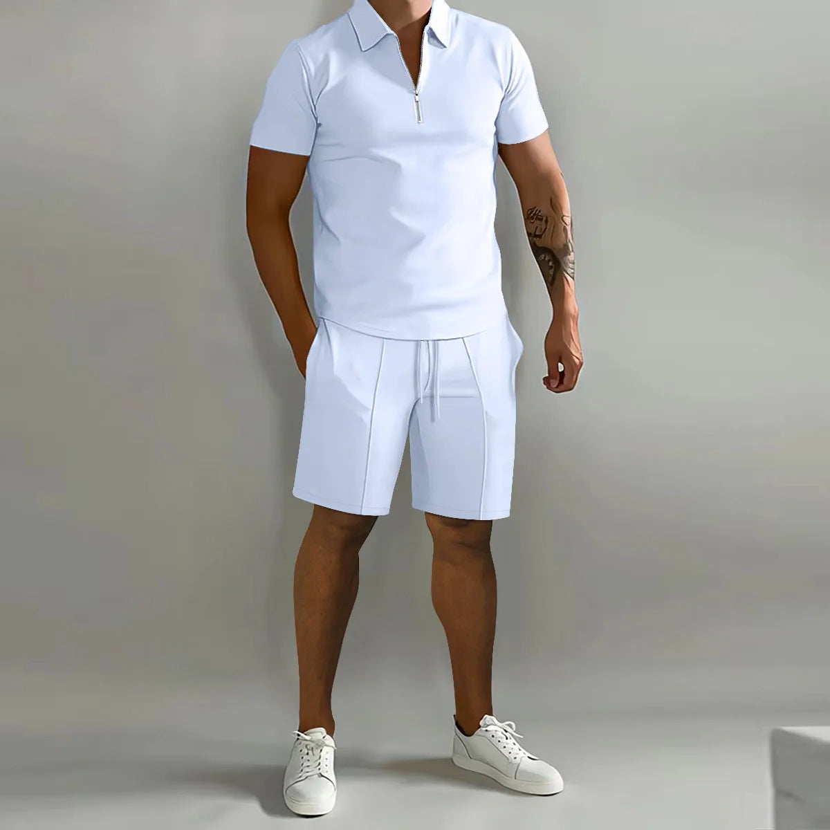 Men's suit solid color polo shirt lapel vertical strip pants short sleeve shorts sports casual loose fashion men's wear