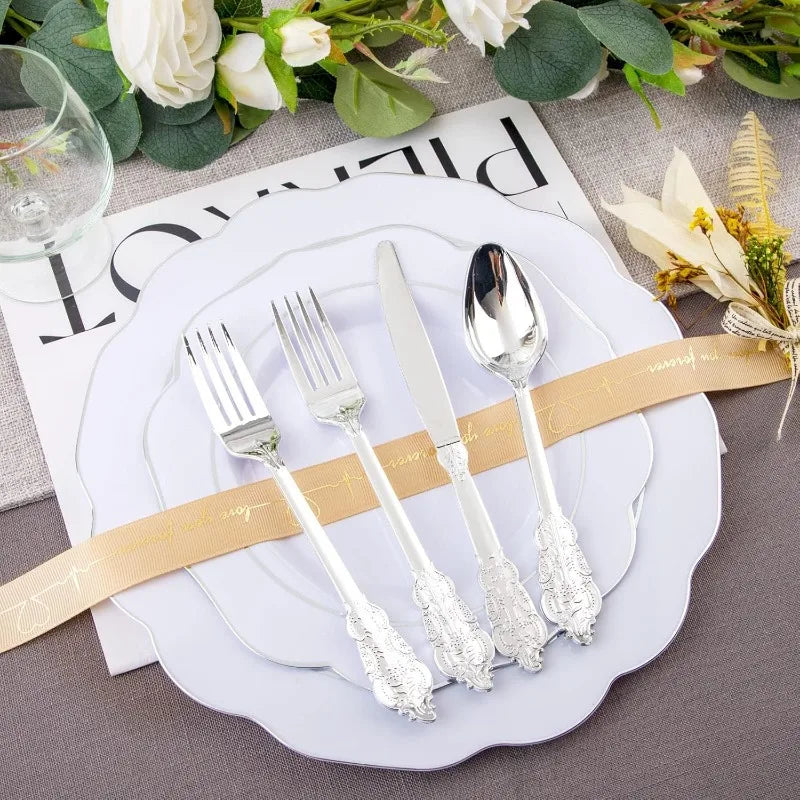175PCS Plastic Plates - Heavy Duty Disposable Plates with Gold Rim Include 25 Dinner Plates, 25 Cups, 25 Napkins, 75 Cutlery