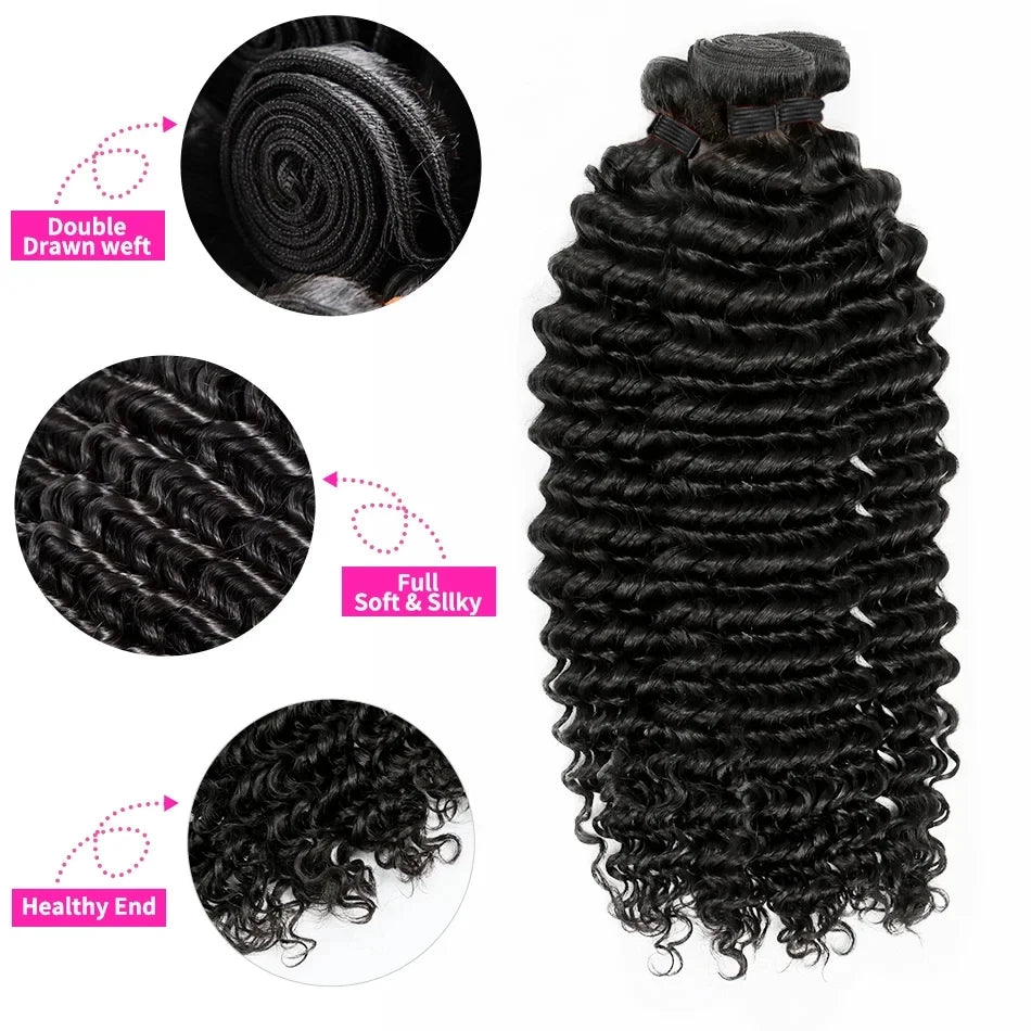 Wigirl Deep Wave Bundles Human Hair 30 32 40 Inch 3 4 Remy Brazilian Hair Weave Natural Double Drawn Hair Extensions For Women