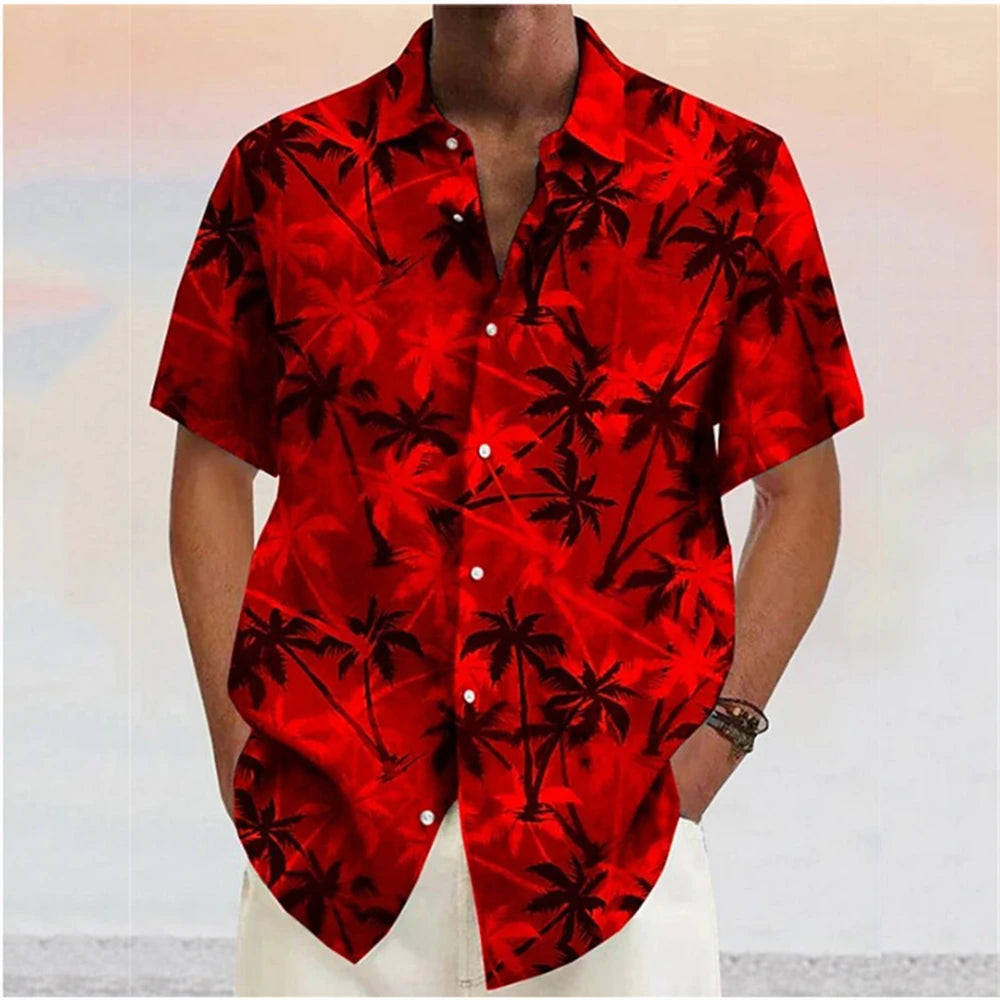 Summer Men Hawaiian Shirts Coconut Tree Lapel Camisas Men Fashion Short Sleeve Shirt Floral Blouse Turn over Collar Clothes Male