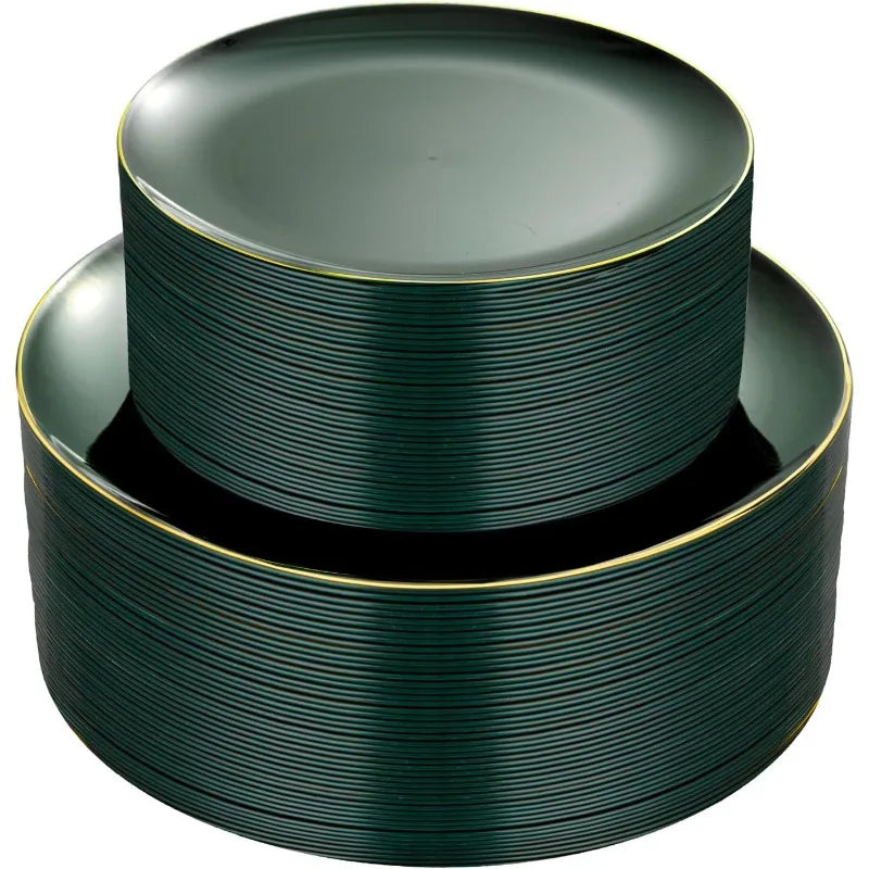 100PCS Green Plastic Plates - Green Disposable With Gold Rim - Plates Disposable Include 50PCS Green Dinner Plates