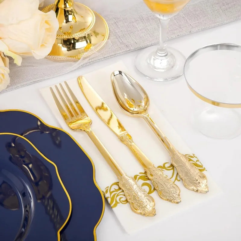 175PCS Plastic Plates - Heavy Duty Disposable Plates with Gold Rim Include 25 Dinner Plates, 25 Cups, 25 Napkins, 75 Cutlery