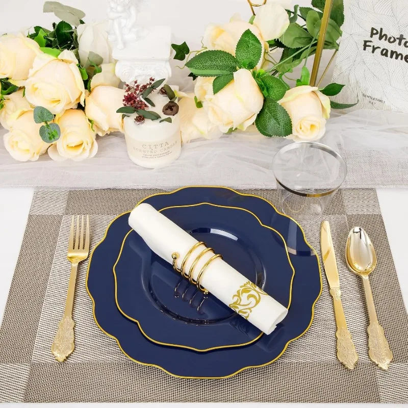 175PCS Plastic Plates - Heavy Duty Disposable Plates with Gold Rim Include 25 Dinner Plates, 25 Cups, 25 Napkins, 75 Cutlery