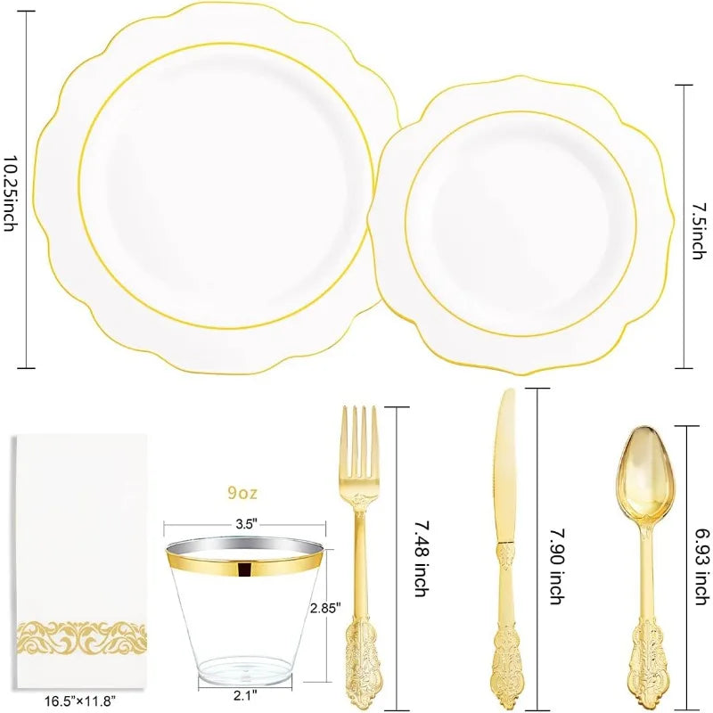 175PCS Plastic Plates - Heavy Duty Disposable Plates with Gold Rim Include 25 Dinner Plates, 25 Cups, 25 Napkins, 75 Cutlery