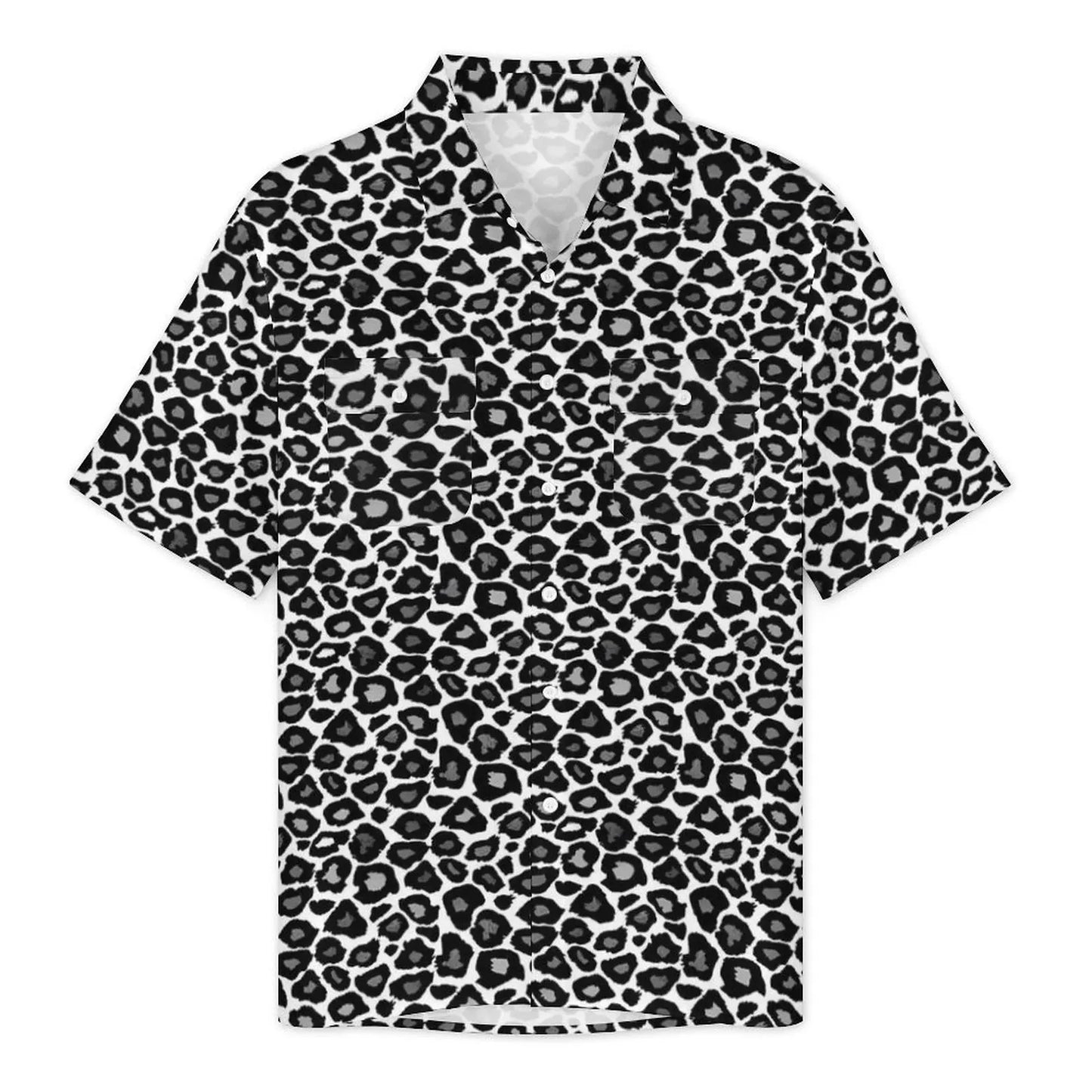 Black White Leopard Hawaiian Shirt Men Beach Animal Print Casual Shirts Short Sleeve Harajuku Graphic Trendy Oversized Blouses