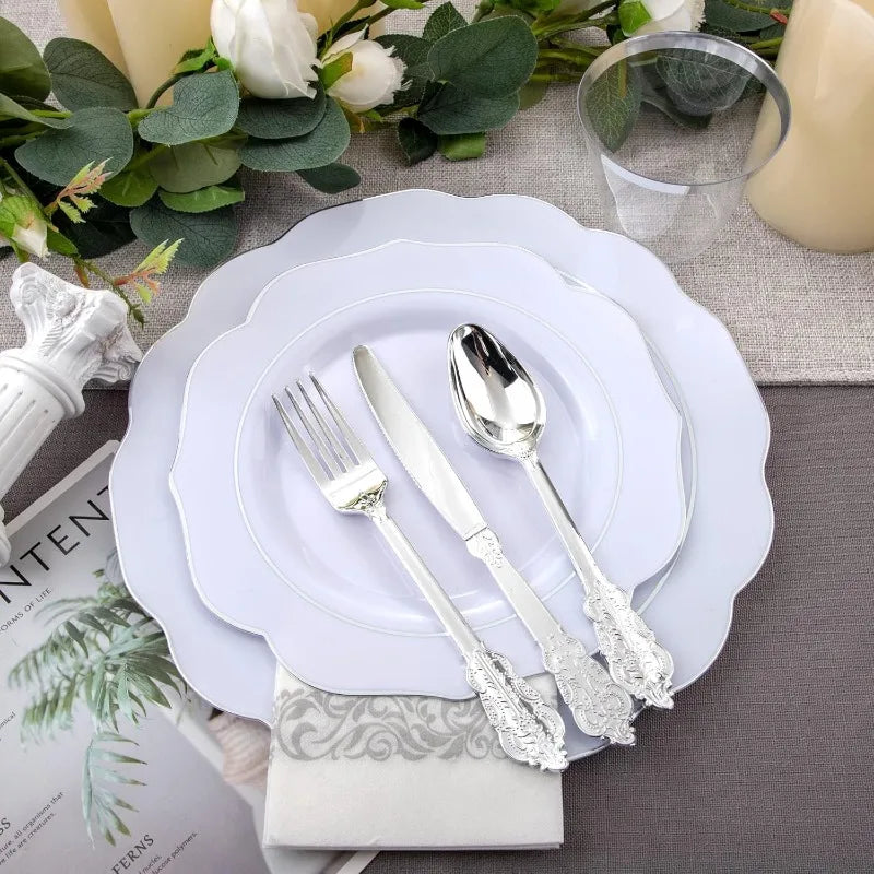 175PCS Plastic Plates - Heavy Duty Disposable Plates with Gold Rim Include 25 Dinner Plates, 25 Cups, 25 Napkins, 75 Cutlery