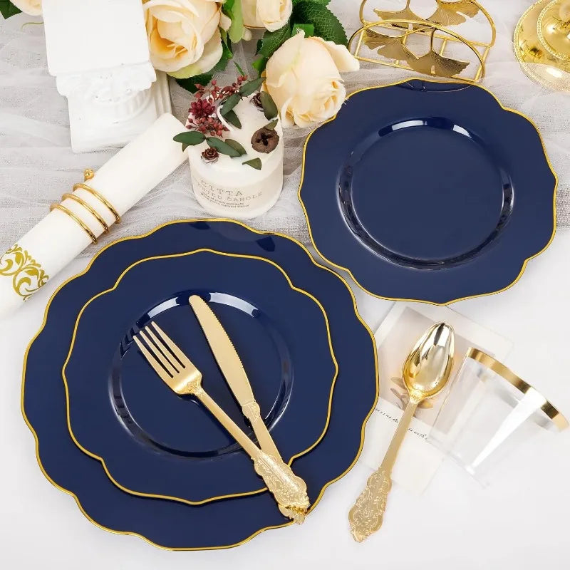175PCS Plastic Plates - Heavy Duty Disposable Plates with Gold Rim Include 25 Dinner Plates, 25 Cups, 25 Napkins, 75 Cutlery