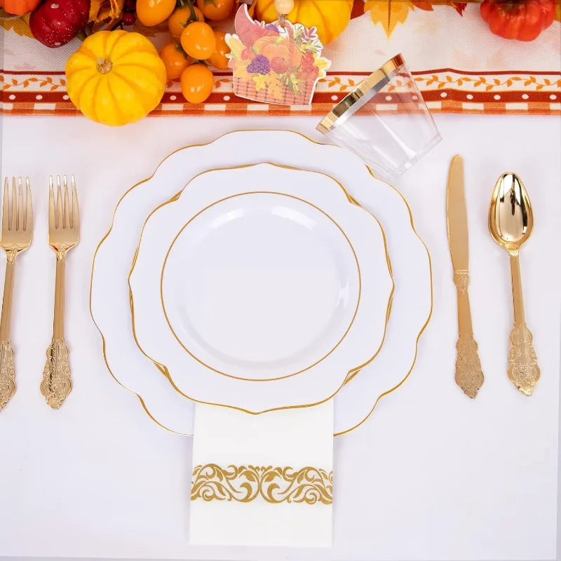 175PCS Plastic Plates - Heavy Duty Disposable Plates with Gold Rim Include 25 Dinner Plates, 25 Cups, 25 Napkins, 75 Cutlery
