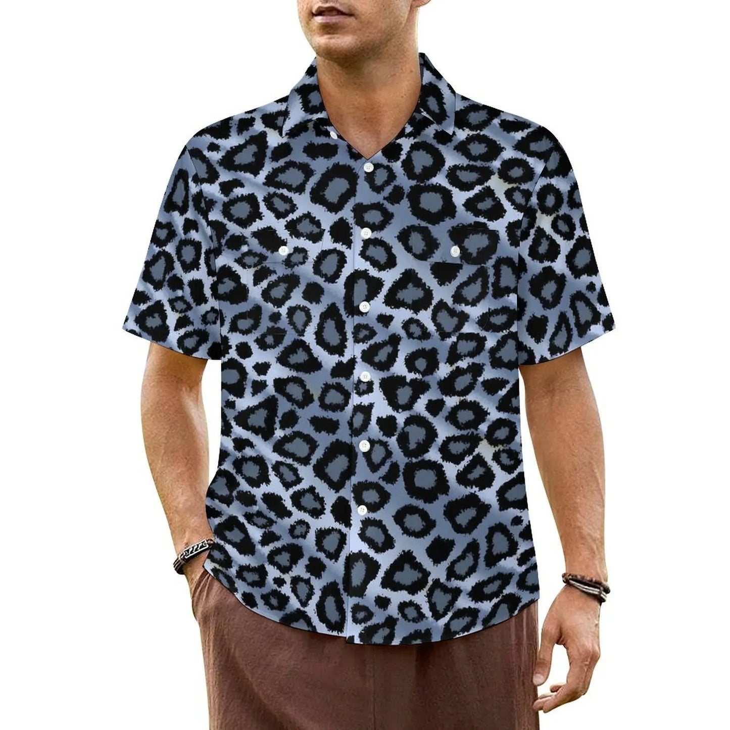 Black White Leopard Hawaiian Shirt Men Beach Animal Print Casual Shirts Short Sleeve Harajuku Graphic Trendy Oversized Blouses
