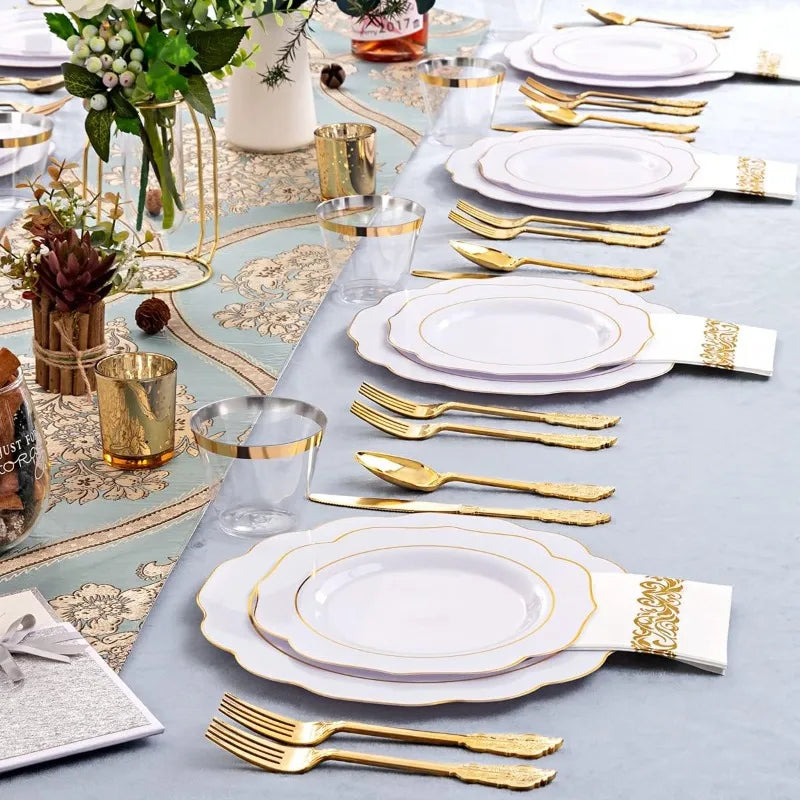 175PCS Plastic Plates - Heavy Duty Disposable Plates with Gold Rim Include 25 Dinner Plates, 25 Cups, 25 Napkins, 75 Cutlery