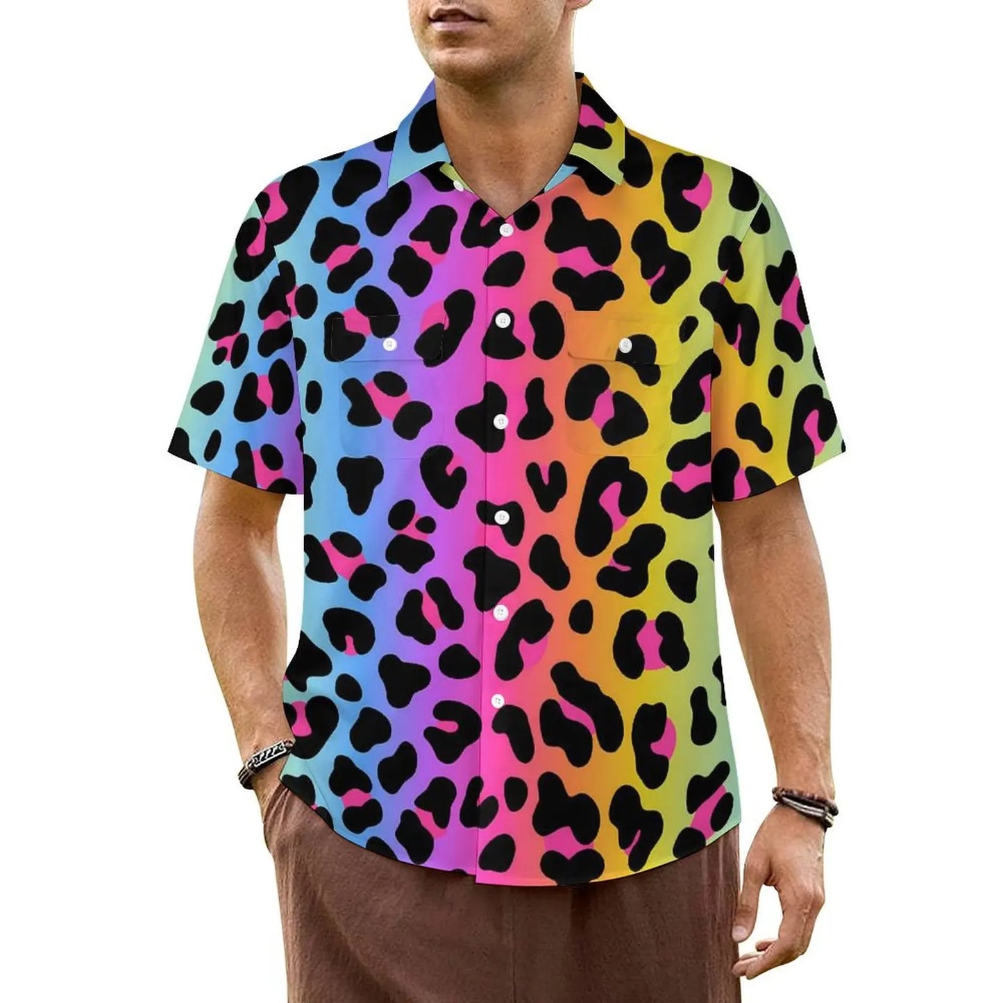 Black White Leopard Hawaiian Shirt Men Beach Animal Print Casual Shirts Short Sleeve Harajuku Graphic Trendy Oversized Blouses