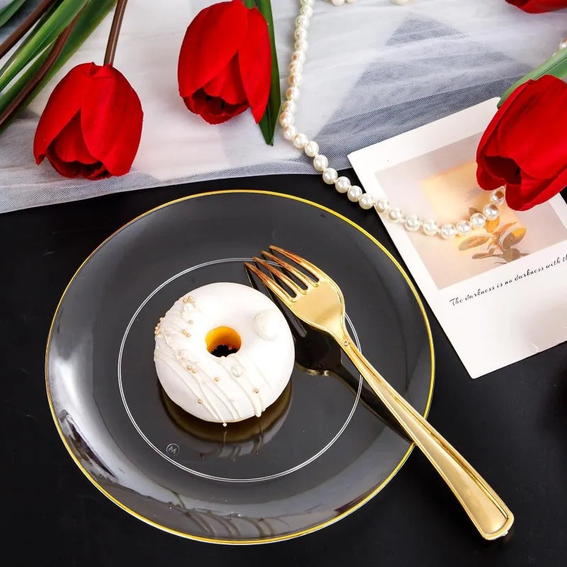 100PCS Green Plastic Plates - Green Disposable With Gold Rim - Plates Disposable Include 50PCS Green Dinner Plates