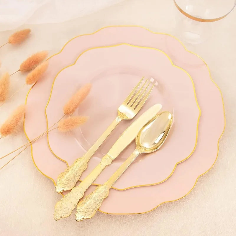 175PCS Plastic Plates - Heavy Duty Disposable Plates with Gold Rim Include 25 Dinner Plates, 25 Cups, 25 Napkins, 75 Cutlery
