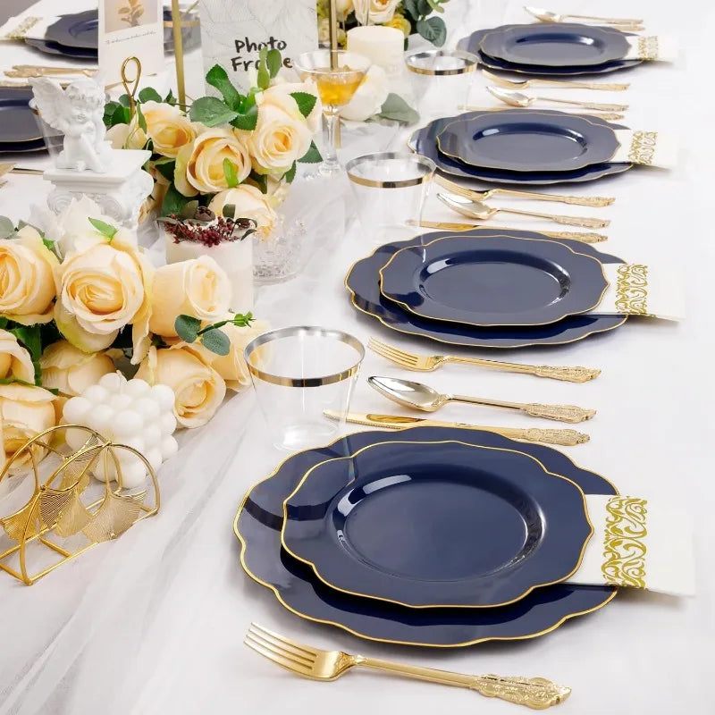 175PCS Plastic Plates - Heavy Duty Disposable Plates with Gold Rim Include 25 Dinner Plates, 25 Cups, 25 Napkins, 75 Cutlery