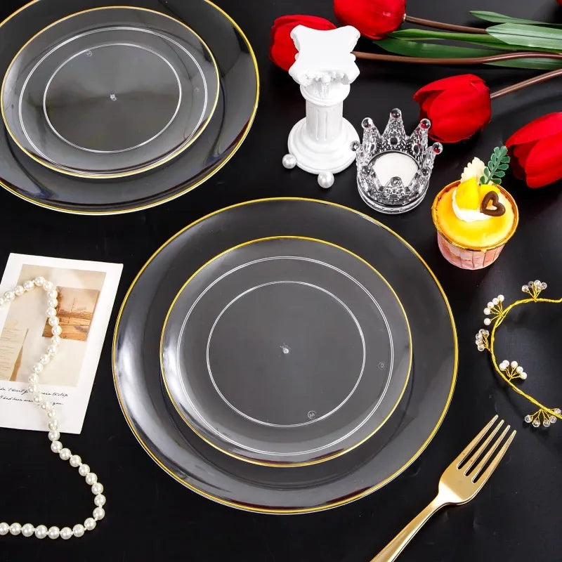 100PCS Green Plastic Plates - Green Disposable With Gold Rim - Plates Disposable Include 50PCS Green Dinner Plates