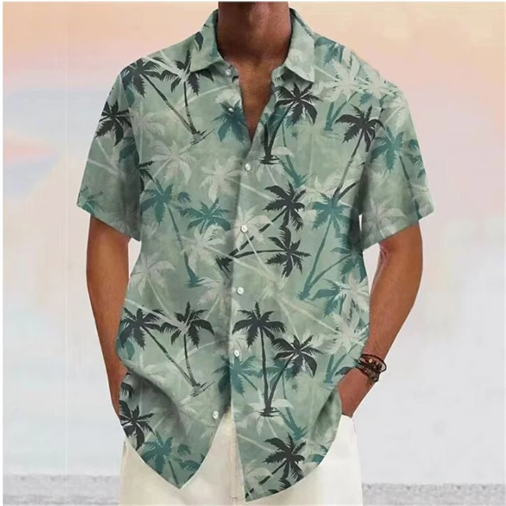 Summer Men Hawaiian Shirts Coconut Tree Lapel Camisas Men Fashion Short Sleeve Shirt Floral Blouse Turn over Collar Clothes Male