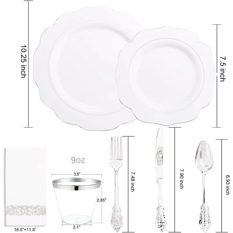 175PCS Plastic Plates - Heavy Duty Disposable Plates with Gold Rim Include 25 Dinner Plates, 25 Cups, 25 Napkins, 75 Cutlery