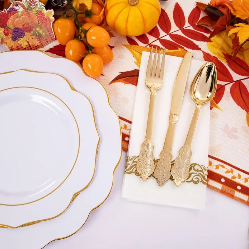 175PCS Plastic Plates - Heavy Duty Disposable Plates with Gold Rim Include 25 Dinner Plates, 25 Cups, 25 Napkins, 75 Cutlery