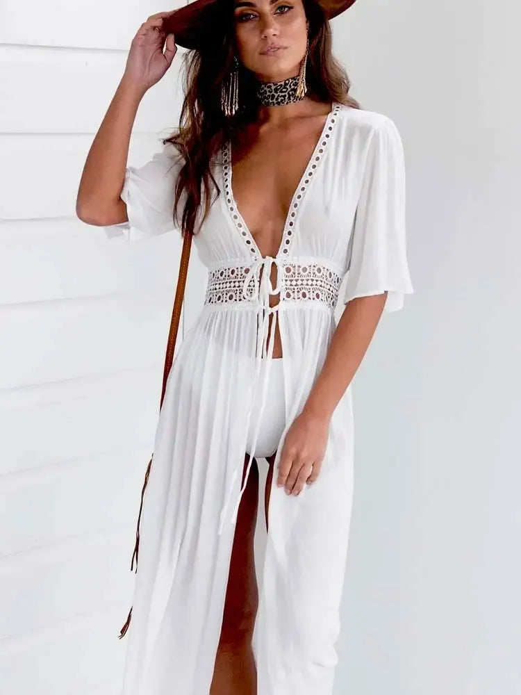2024 Summer Bikini Cover-ups Women Bohemian Beach Long Dress Short Sleeve Lace Hollow Out Cardigan Swimwear Cover Ups Beachwear