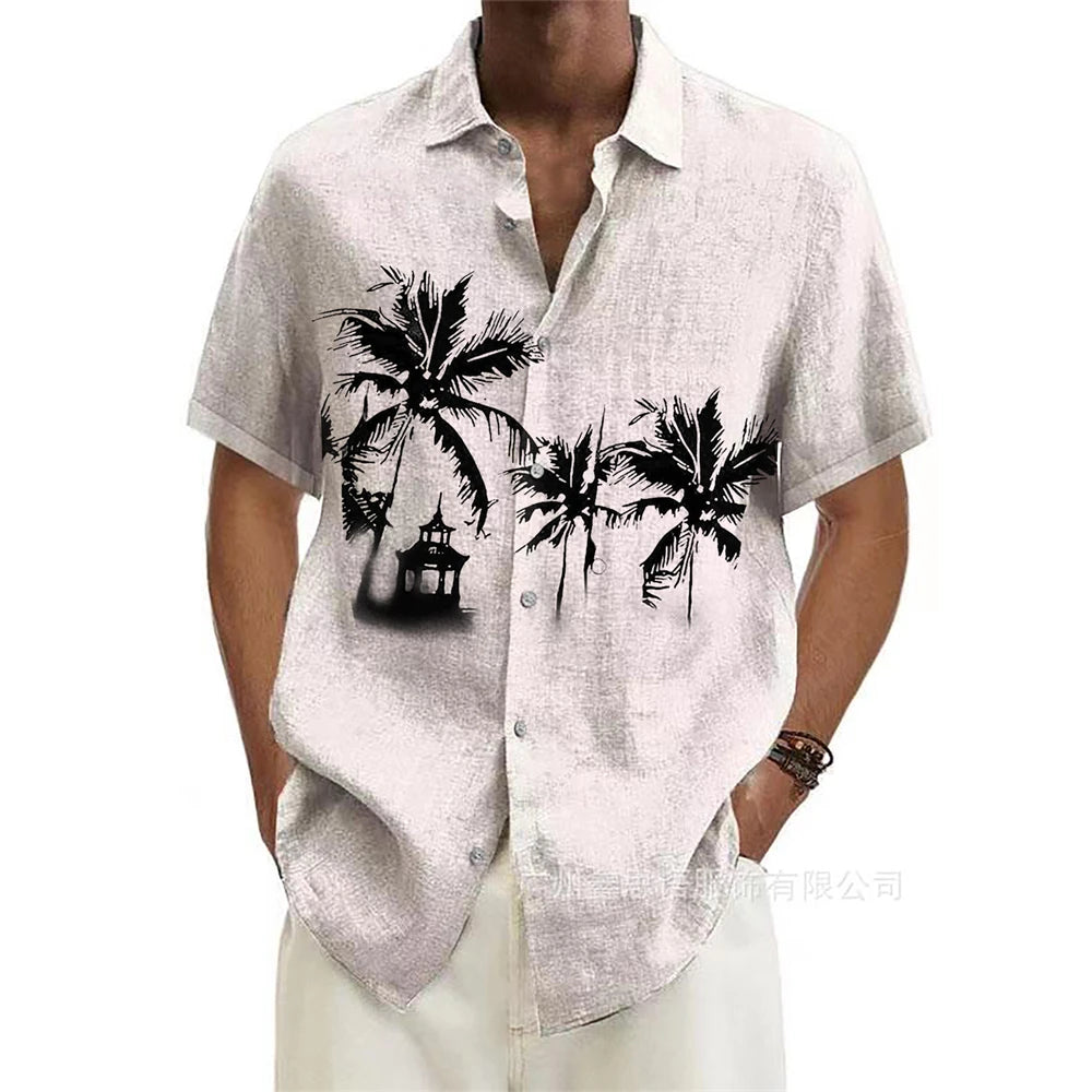 Summer Men Hawaiian Shirts Coconut Tree Lapel Camisas Men Fashion Short Sleeve Shirt Floral Blouse Turn over Collar Clothes Male