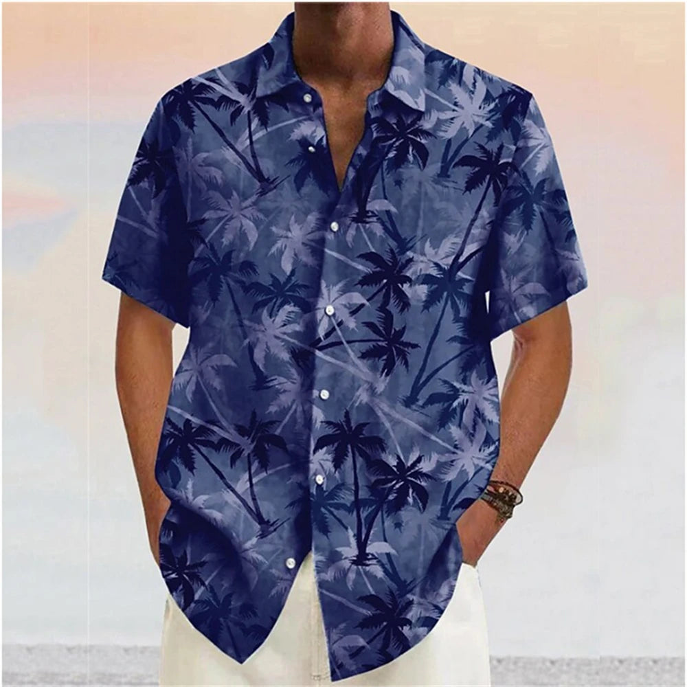 Summer Men Hawaiian Shirts Coconut Tree Lapel Camisas Men Fashion Short Sleeve Shirt Floral Blouse Turn over Collar Clothes Male